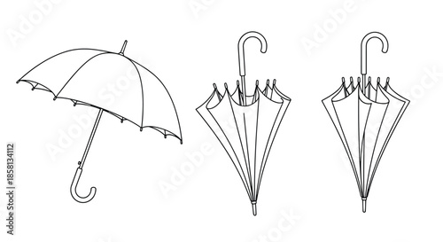 Three line art drawings of an umbrella in different states including open, partially closed, and fully closed positions.