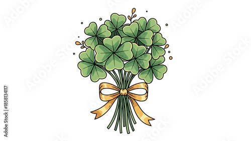 A beautiful bouquet of green clovers tied with a golden ribbon, symbolizing luck and good fortune.