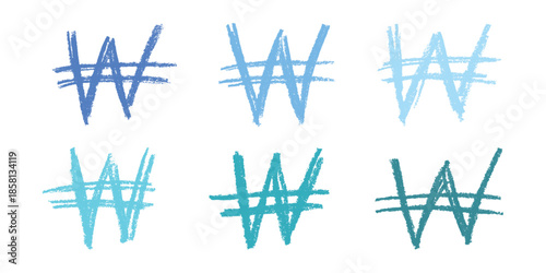 Set of hand drawn won currency symbol. Brush stroke doodle. Single element for design