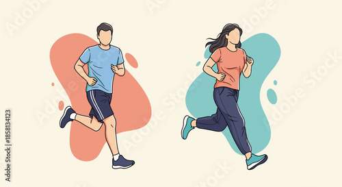 Dynamic illustration of a man and a woman jogging outdoors for health, fitness, and active lifestyle motivation.