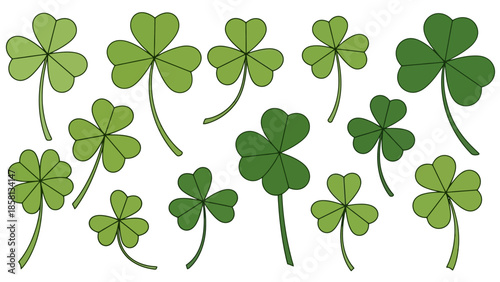 A collection of various green shamrocks and clovers on a white background, symbolizing luck and Irish heritage.