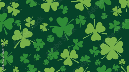 A festive St. Patrick's Day background pattern featuring various shades of green shamrocks.