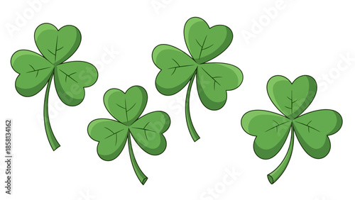 Four green shamrocks with three leaves each, symbolizing luck and St. Patrick's Day.
