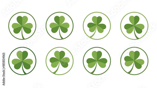 A collection of eight green shamrock icons arranged in two rows on a white background.