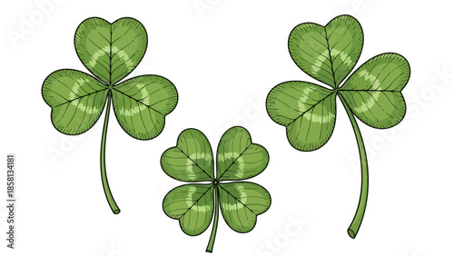 Three green clovers, two with three leaves and one with four leaves, are depicted against a white background.