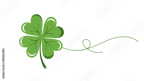A vibrant green four-leaf clover with a delicate swirling vine extending to the right, symbolizing good luck and nature's beauty.