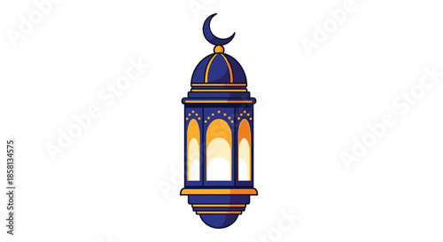Ornate blue and gold Islamic lantern, or 'fanoos', with a crescent moon on top, glowing warmly for Ramadan or Eid celebrations.