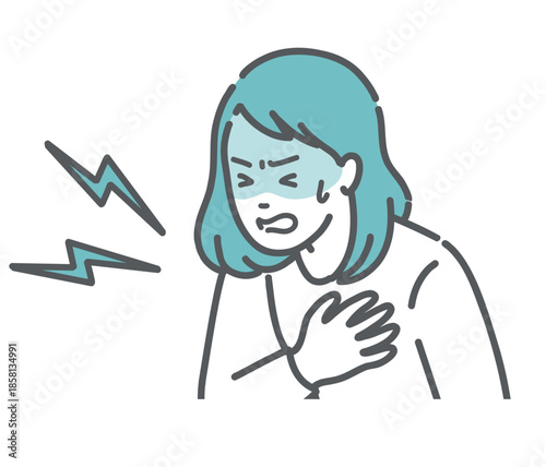 胸を押さえて苦しむ女性のイラスト（心臓発作・胸痛・急病）