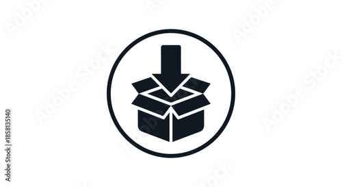 Solid black and white circular icon showing an arrow pointing down into an open box, symbolizing packaging, insertion, or downloading.