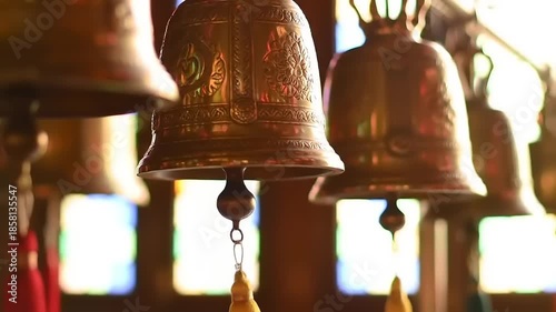 Golden bells in a temple interior.