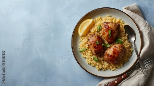Top View Roasted Chicken With Yellow Basmati Rice On Blue Background With Copy Space Composition