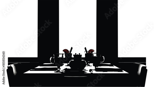 Dramatic black and white silhouette of a chessboard with king and queen pieces ready for a strategic game.