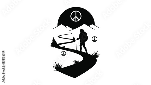 Adventurous hiker journeys on a winding path towards peace symbolized by mountains and nature.