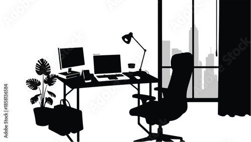 Modern home office setup with computer, laptop, and plants against a city skyline silhouette.