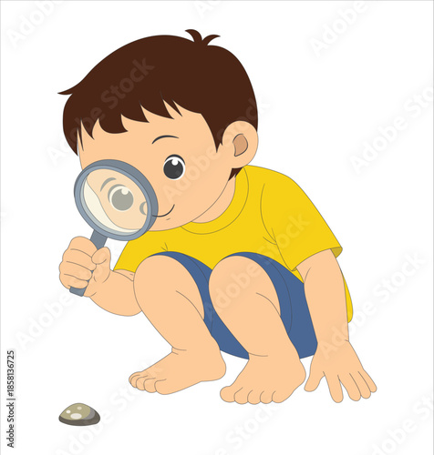 Child Exploring Stone Texture with a Magnifying Glass