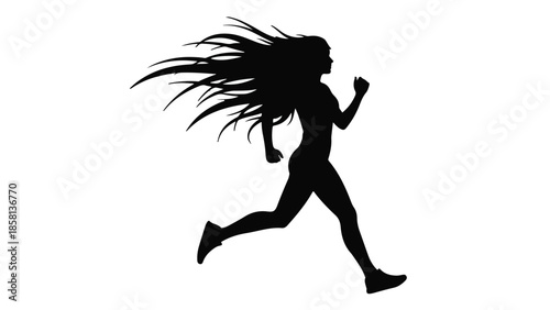 Dynamic silhouette of a woman running with windblown hair, embodying freedom and motion.