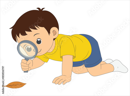 Child Exploring a Dry Leaf Using a Magnifying Glass