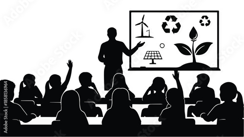 Teacher educating attentive students about renewable energy and sustainability in a classroom