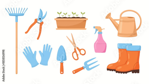 A collection of essential gardening tools and equipment including a rake, shears, watering can, gloves, and boots, ready for planting and tending to a garden.