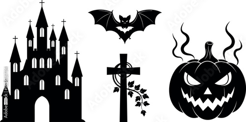 Halloween Silhouette Vector Set Featuring Spooky Gothic Castle Haunted Mansion Vampire Bat Cemetery Cross and Carved Jack O Lantern Pumpkin Icon