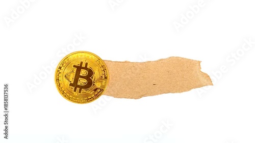 Physical Bitcoin with a piece of brown paper isolated on white background
