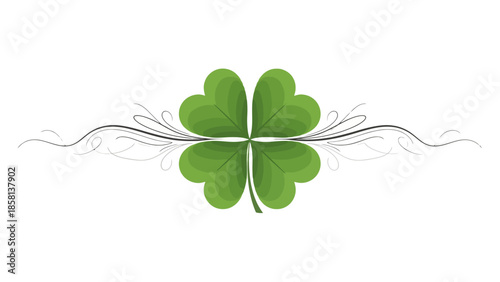 A stylized four-leaf clover with decorative swirls on a white background, symbolizing good luck and nature.