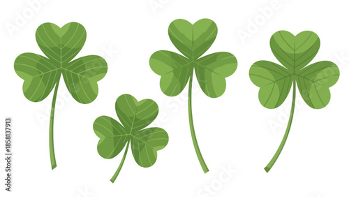 A collection of four green shamrocks with detailed veins on white background.