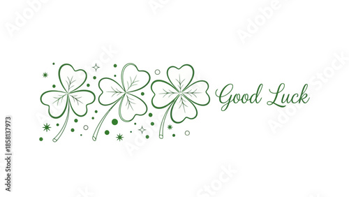 A decorative illustration featuring three green shamrocks with a "Good Luck" message.