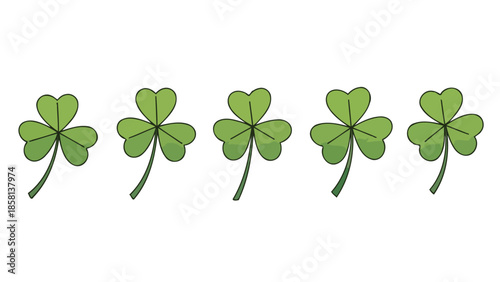 A row of five green shamrocks with stems on a white background.