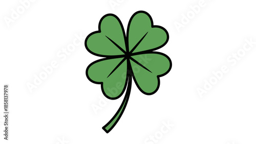 A simple illustration of a green four-leaf clover with a stem on a white background.