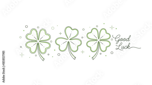 Three detailed green clovers with the words "Good Luck" written in cursive.
