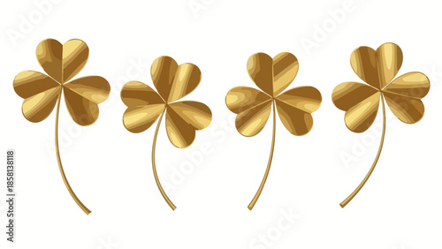 Four golden shamrocks with delicate stems against a white background, symbolizing luck and St. Patrick's Day.