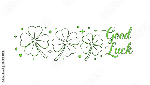 Three green four-leaf clovers with sparkling accents and the text "Good Luck".