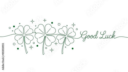 A minimalist line art illustration of three four-leaf clovers with the text 'Good Luck'.