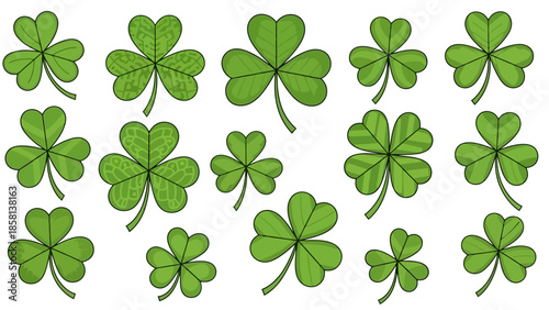 A collection of various green shamrocks and a four-leaf clover scattered across a white background.