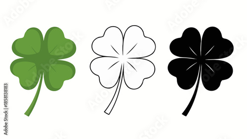 Three stylized four-leaf clovers in green, outline, and black, representing luck and nature.