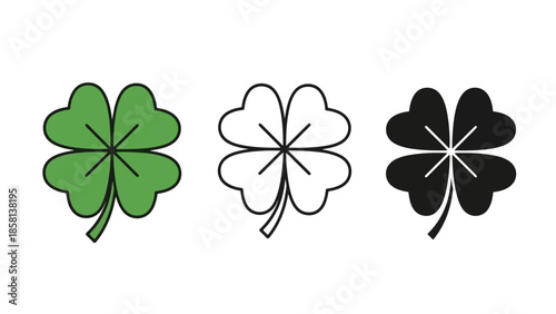 Three stylized four-leaf clover icons in green, outline, and black, representing luck and good fortune.