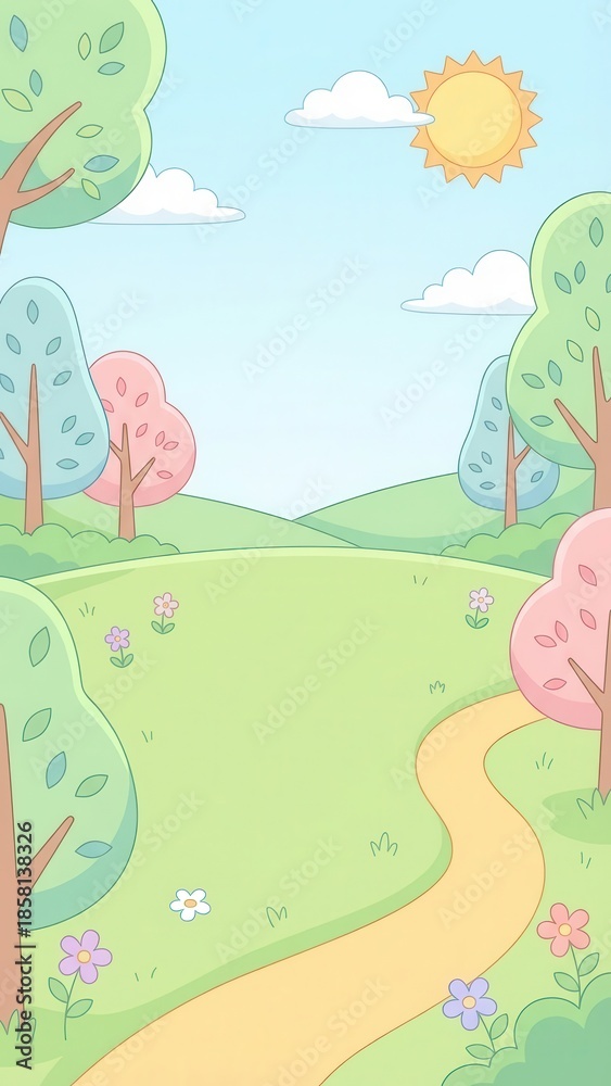Obraz premium Playful 2d background of a cartoon landscape enchanting nature scene