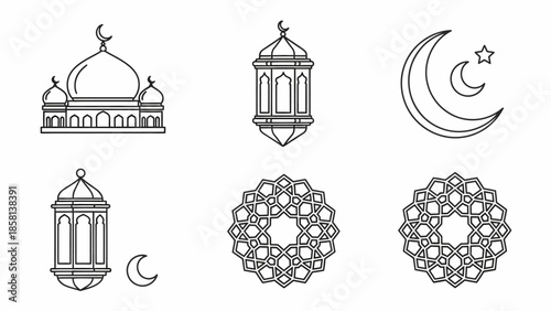 Collection of Islamic cultural icons featuring mosque, crescent moon, star, and geometric patterns for Ramadan and Eid celebrations