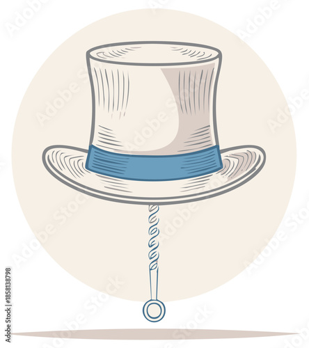 Vintage Top Hat Illustration with Spring Detail Drawing Accessory Isolated on Beige Circle Background