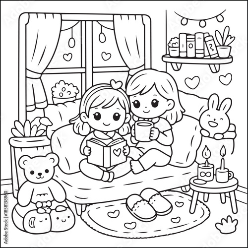 Cozy Reading Moment: Two adorable figures find comfort in a heartwarming scene, sharing a book and warm drinks in a snug setting. 