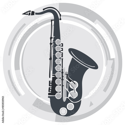 Stylized alto saxophone illustration with modern abstract circular background