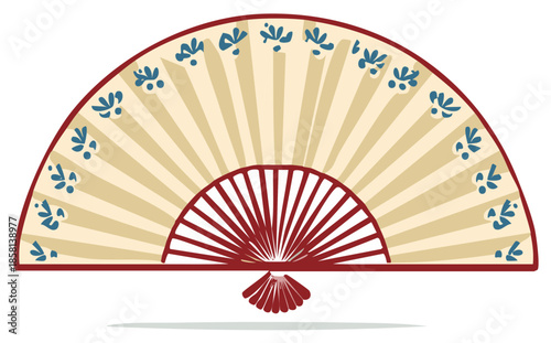 Illustration of Asian Hand Fan with Floral Pattern and Red Frame