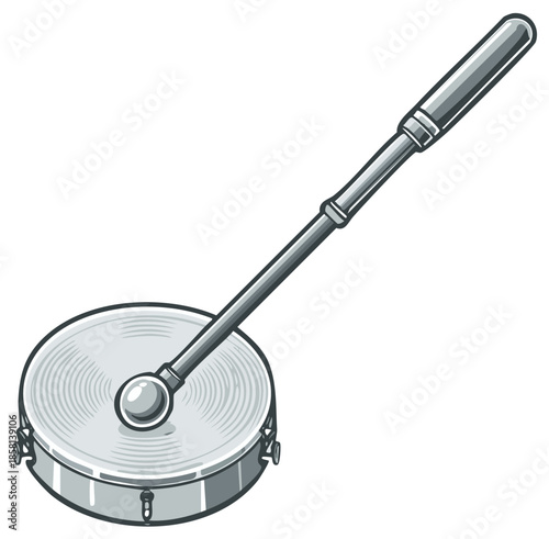 Illustration of a silver snare drum with drumstick for musical performance.