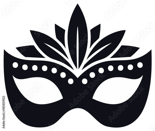 Ornate black carnival mask with feather-like accents and decorative dots in a vector format.