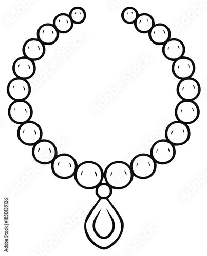 Elegant outline illustration of a classic pearl necklace with a teardrop pendant