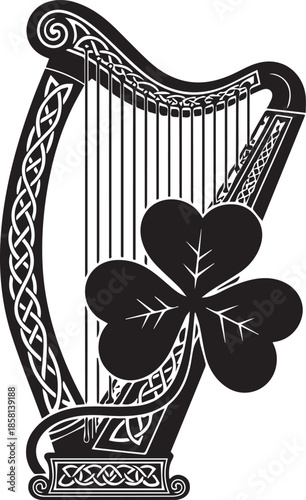 Traditional irish harp with shamrock symbol of luck