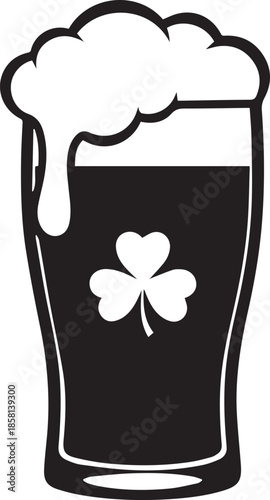 Black and white illustration of a pint of beer with a shamrock