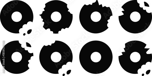 Abstract donut shape icon set with bite patterns for visual puzzles, perception tests, and modern graphic design elements
