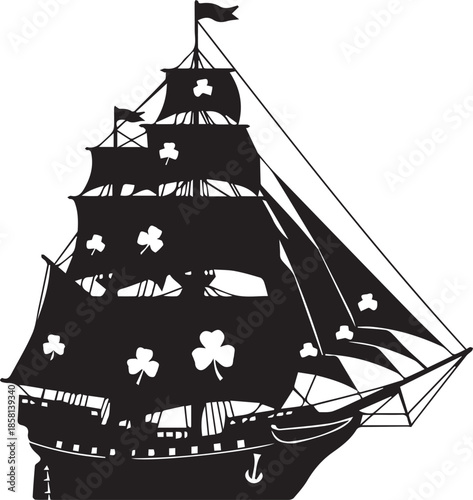 Black silhouette of a sailing ship adorned with shamrocks on its sails